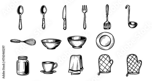 Vintage kitchenware collection: hand drawn culinary utensils and accessories set