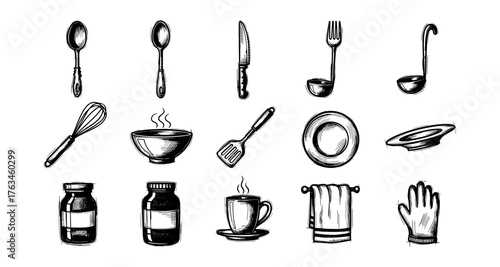 Hand drawn kitchen utensils and dishes set with sketch style elements for culinary design