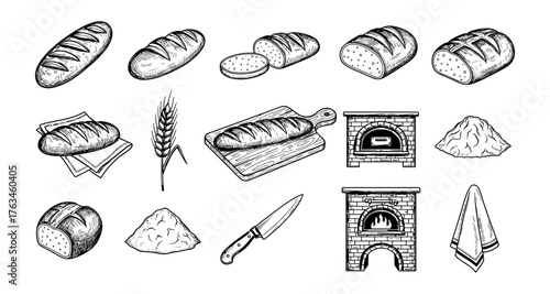 Hand-drawn bakery elements set with bread, wheat, and brick oven