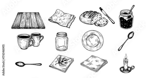 Vintage kitchen setup with rustic bread, utensils, and cozy elements in hand drawn style