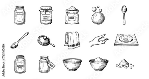 Hand-drawn baking essentials set with ingredients and utensils