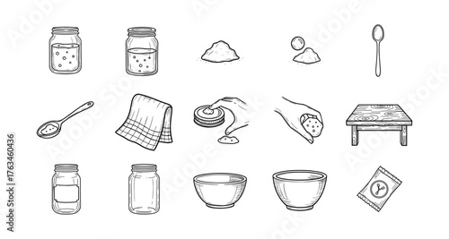 Hand drawn kitchen essentials: jars, utensils, and ingredients for baking and cooking