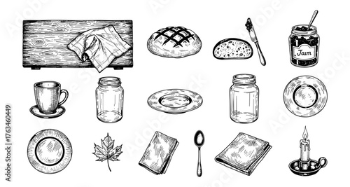 Rustic kitchen essentials: hand-drawn coffee, bread, and jars with charming table elements
