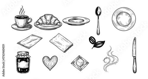 Hand-drawn breakfast elements with coffee, croissant, and kitchenware