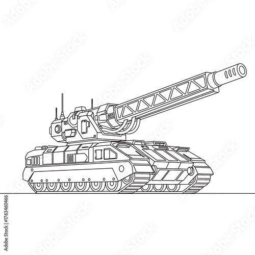 Armored Beast of Warfare: A meticulously detailed outline of a powerful tank, showcasing its intricate design and formidable presence.