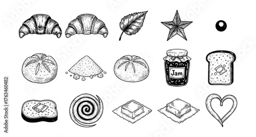 Hand-drawn food elements: rustic bread, butter, and jam icons collection