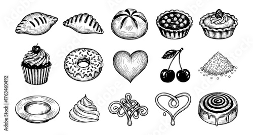 Hand drawn assorted bakery and dessert elements with heart and cherry details