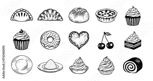 Hand drawn desserts collection: pastries, cupcakes, and sweet treats in black and white