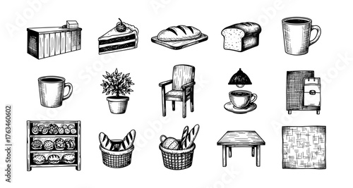 Hand drawn cafe elements: furniture, food, and decor in black and white sketch style