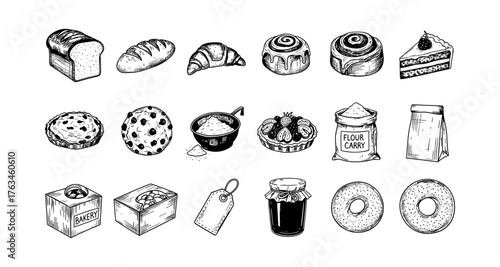 Hand drawn bakery items collection: bread, pastry, cakes, and more