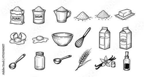 Hand drawn baking ingredients set with kitchen utensils and aromatic spices