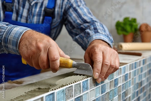 Applying grout to blue mosaic tiles, a precise step in home renovation.