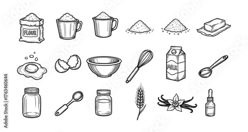 Hand drawn baking ingredients: flour, eggs, milk, and tools in detailed black and white sketch