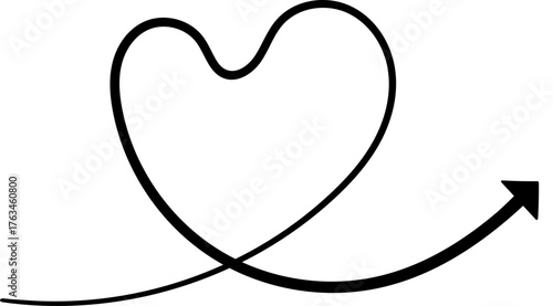 A minimalist black heart drawn with a single continuous line and an ascending arrow symbolizes love's positive growth and forward journey in simple design