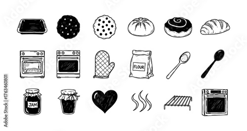 Hand drawn baking elements: bread, pastry, oven, utensils, and ingredients