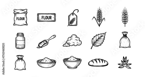 Hand drawn baking ingredients and elements set with flour and wheat icons