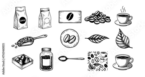 Vintage coffee icons collection with cups, beans, and leaves in hand drawn style