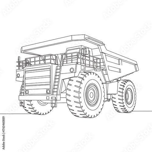 Outline of a Mining Truck: A detailed line drawing of a heavy-duty mining truck, designed for industrial material transport. showcasing its robust build and essential features. 