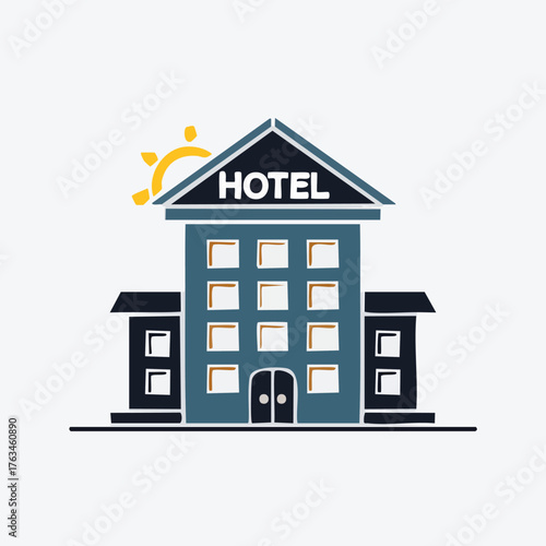 Modern Hotel Building with Sun Icon.