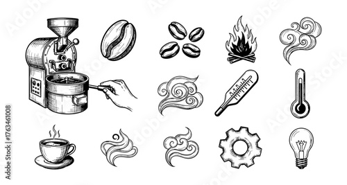 Vintage coffee elements collection with hand drawn icons and brewing symbols