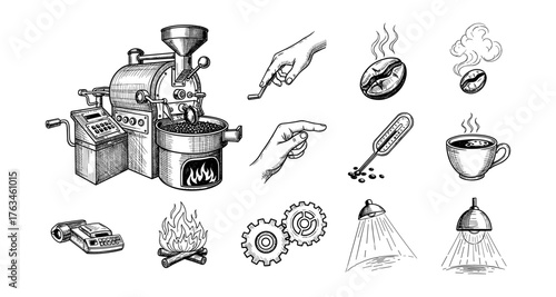 Hand-drawn coffee production elements: roaster, beans, hands, and more
