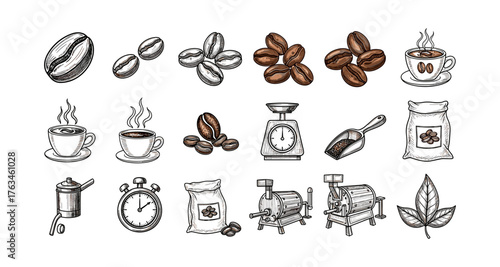 Vintage coffee elements: beans, cups, tools, and leaves in sketch style