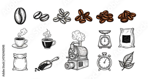 Vintage coffee elements collection with hand drawn beans and brewing icons