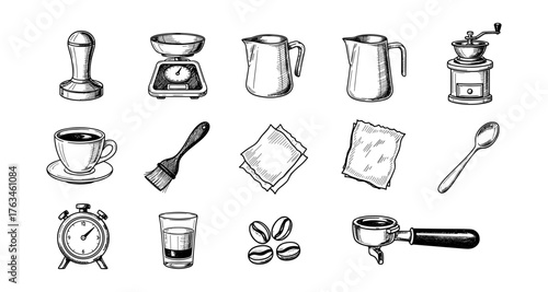 Hand-drawn coffee tools collection featuring cup, grinder, and scale