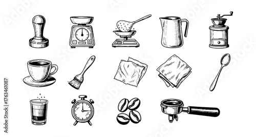 Vintage coffee tools and accessories in detailed sketch style