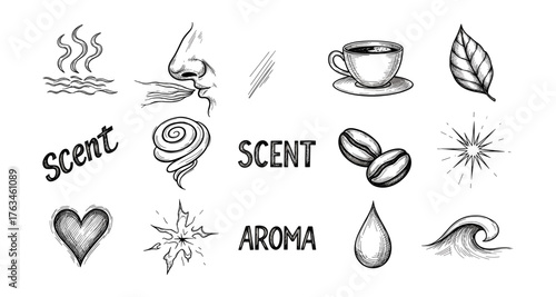 Aromatic elements in black and white hand-drawn style featuring scent and aroma symbols