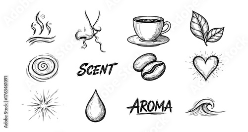 Hand-drawn aroma and scent elements: coffee, spices, nature, and more