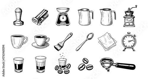 Hand drawn coffee making tools and accessories collection