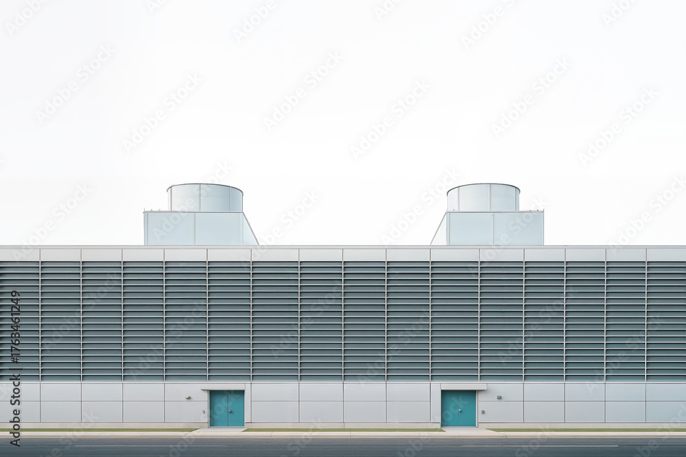 Fototapeta premium Modern data center exterior with sleek minimalist architecture, featuring ventilation structures and turquoise doors against a white sky for a crisp look