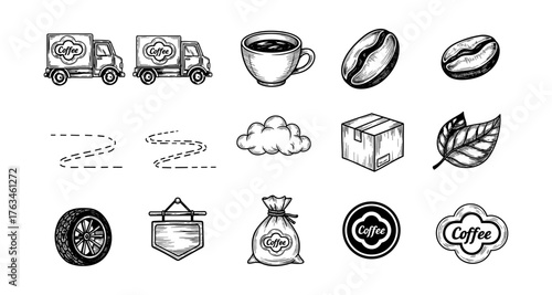 Hand-drawn coffee delivery icons and elements set for cafes and shops