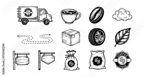 Hand drawn coffee and logistics icons: truck, cup, bean, leaf, and cloud details