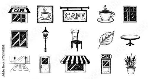 Hand drawn cafe elements with vintage charm and classic coffee shop vibes