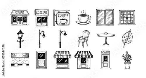 Charming café elements in hand drawn style with furniture and windows