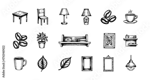 Hand drawn home decor and coffee elements in vintage style