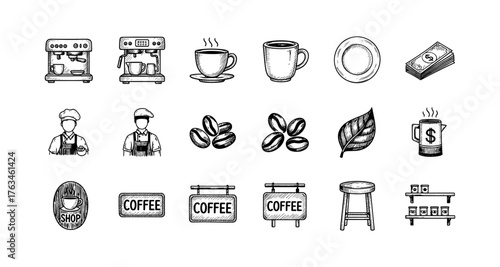Hand-drawn coffee icons set featuring equipment, beans, and barista elements