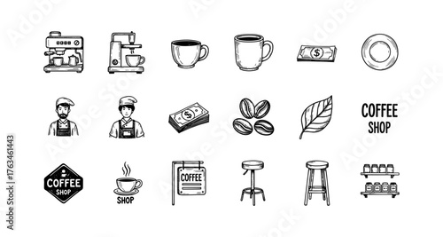 Hand drawn coffee shop essentials set featuring barista icons and brewing equipment