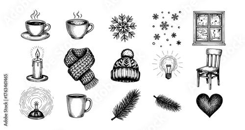 Vintage winter elements: cozy coffee, knitted apparel, and snowflakes