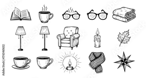 Cozy autumn set with hand drawn elements: coffee, candles, and comfort