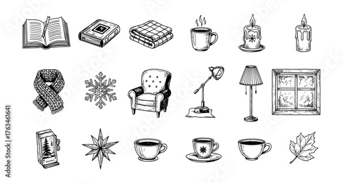 Cozy hand drawn winter elements for home decor and comfort