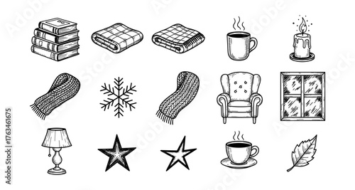 Cozy winter drawings with books, candles, and knitted textures in vintage black and white style