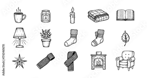 Cozy home essentials in hand drawn style for autumn and winter comfort