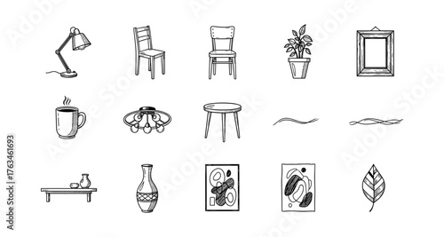 Hand drawn home essentials: furniture, decor, and plants in black and white