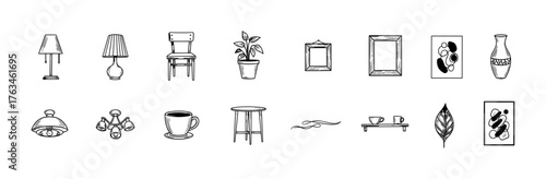 Hand drawn home decor icons set with furniture, frames, and accessories