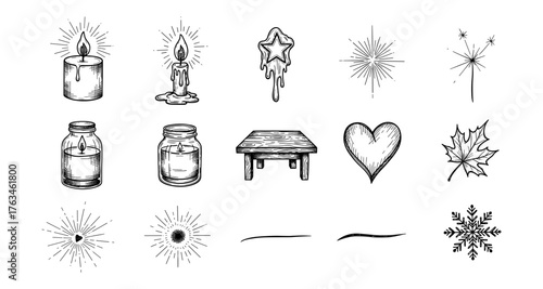 Hand drawn candle elements with rustic hearts, leaves, and snowflakes