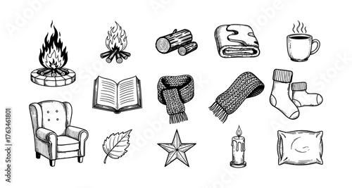 Cozy elements collection: hand drawn winter essentials for relaxed home comfort