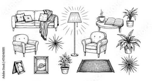 Cozy living room collection with sofa, armchair, and home decor elements in hand drawn style